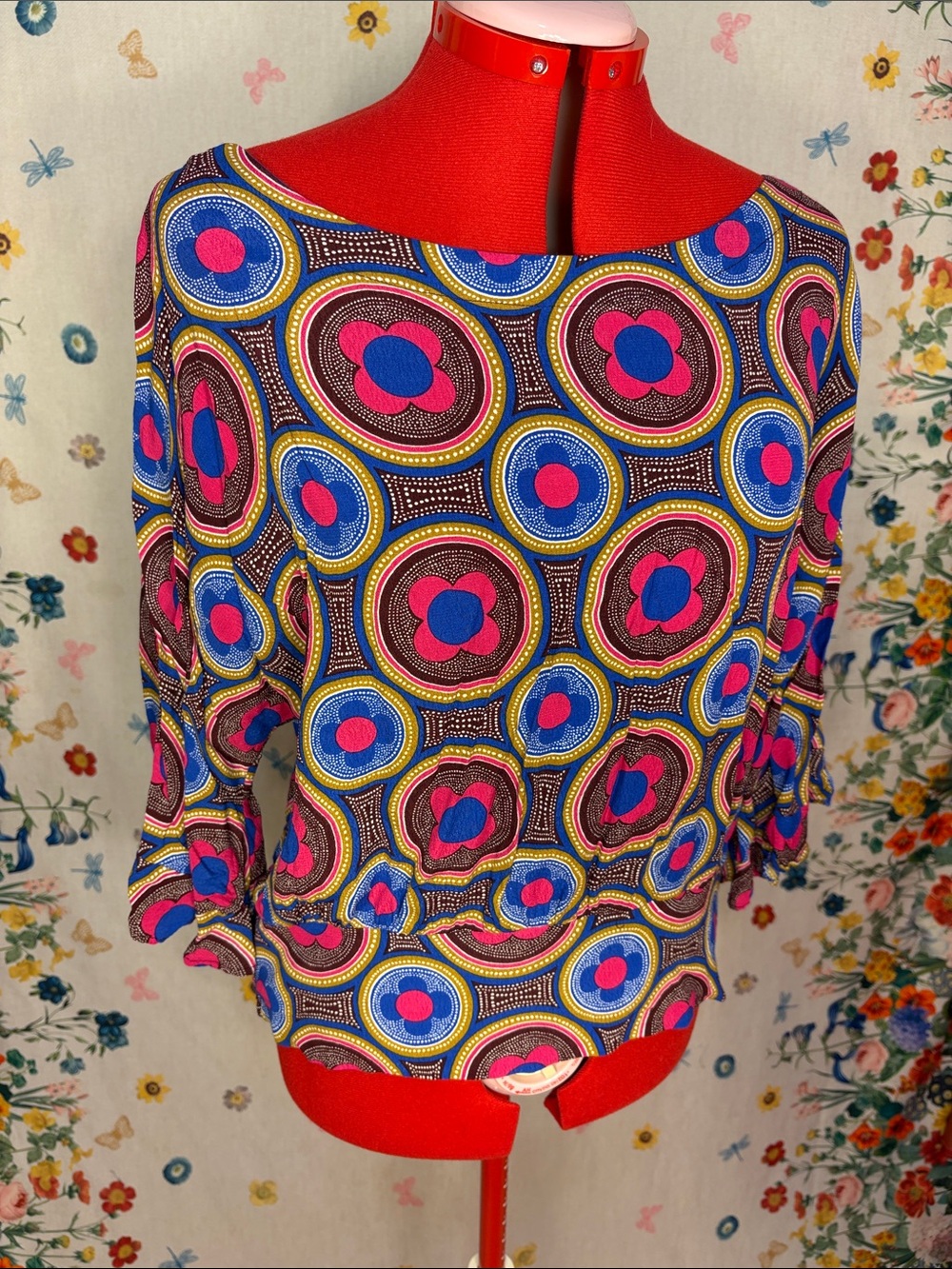 Maeve Anthro - Multicolor Retro Circular Print Blouse — Blue, Pink & Brown